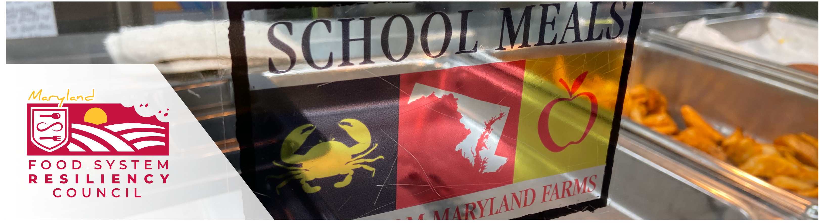 Header image featuring the FSRC logo and a photo of a lunch line with a "school meals from maryland farms" decal